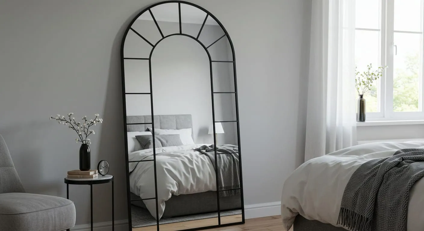 A large, black-framed arched floor mirror leaning against a light grey wall, perfectly reflecting a window and a portion of the room, making it look bigger.