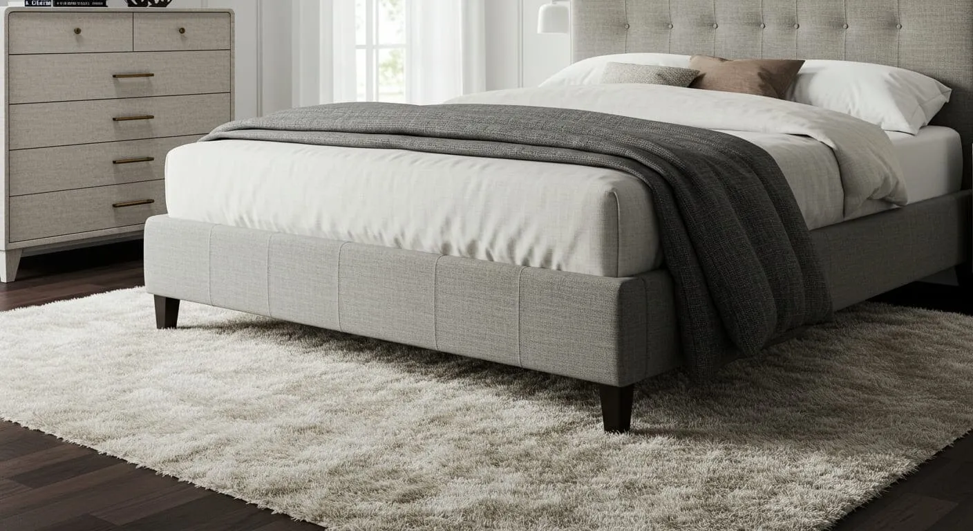 A plush, neutral-colored area rug placed partially under a guest bed, extending out into the room and adding warmth and texture to the hardwood floor.