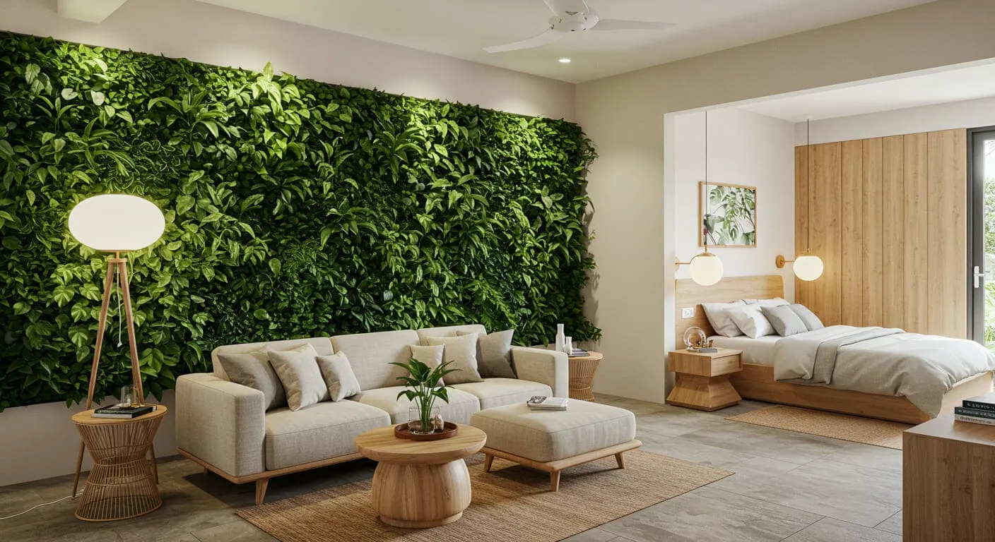 A guest room designed with biophilic principles, featuring a living green wall, natural wood furniture, and large windows with sheer curtains.