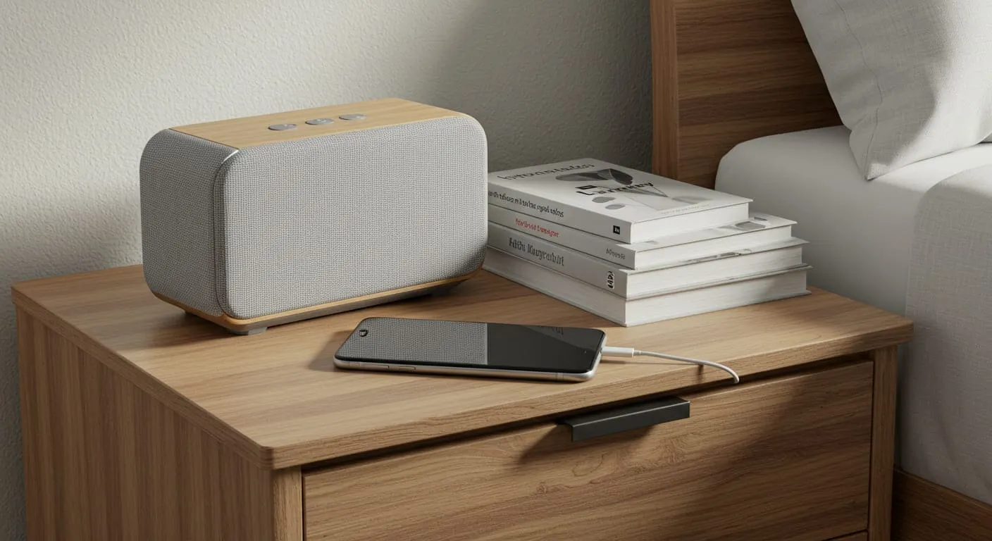 A small, chic Bluetooth speaker in a light grey fabric finish sitting on a bedside table next to a stack of books, ready for guest use.
