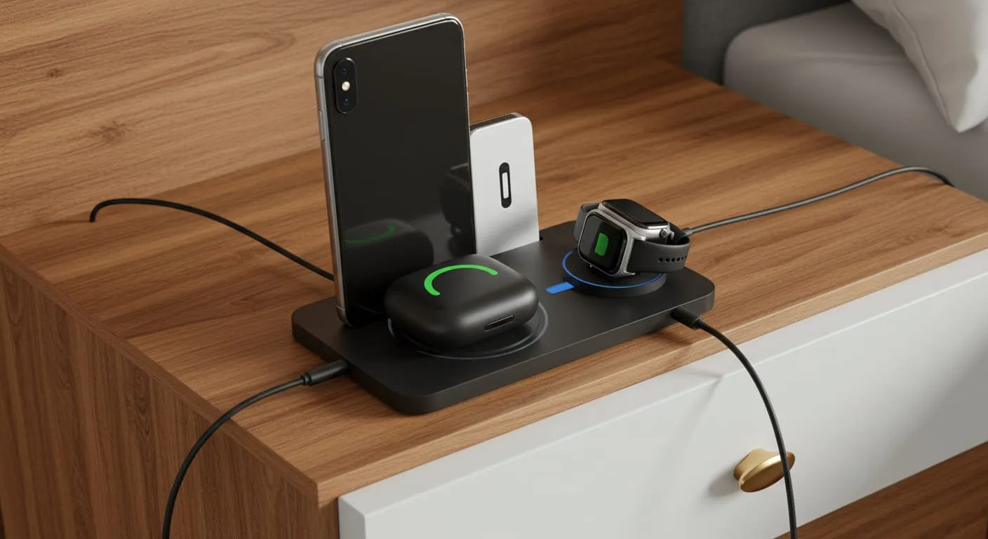 A modern charging dock on a nightstand with dedicated spots for a smartphone, smartwatch, and wireless earbuds, all charging simultaneously.