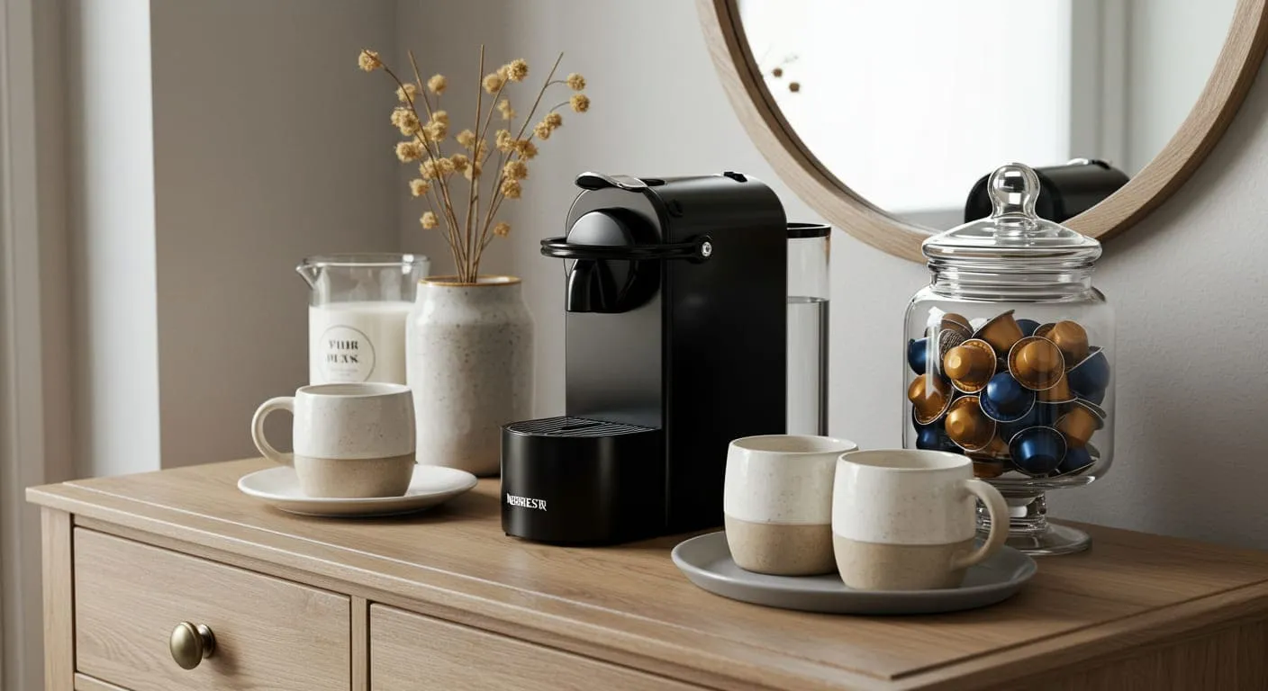A small guest room coffee station on a tray, with a single-serve coffee maker, two mugs, and a selection of coffee pods.