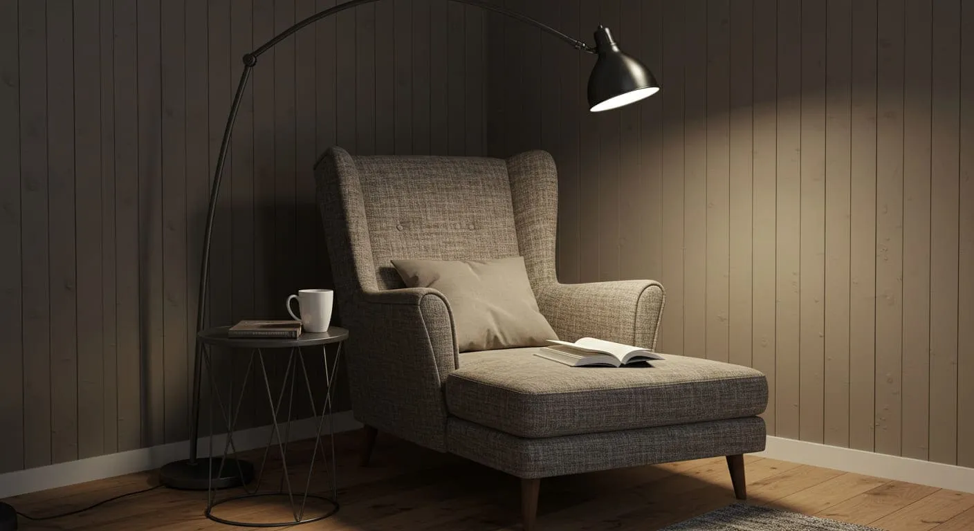 A cozy reading nook in the corner of a guest room with a comfortable upholstered armchair, a small side table holding a book, and a tall floor lamp arching over it.
