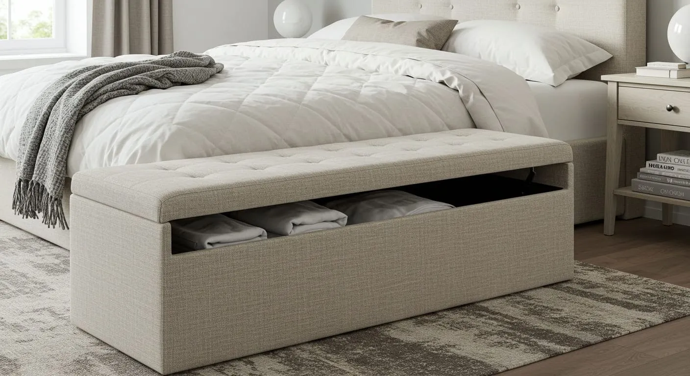 A modern upholstered storage bench at the foot of a bed, with the lid slightly ajar to show neatly folded linens inside.