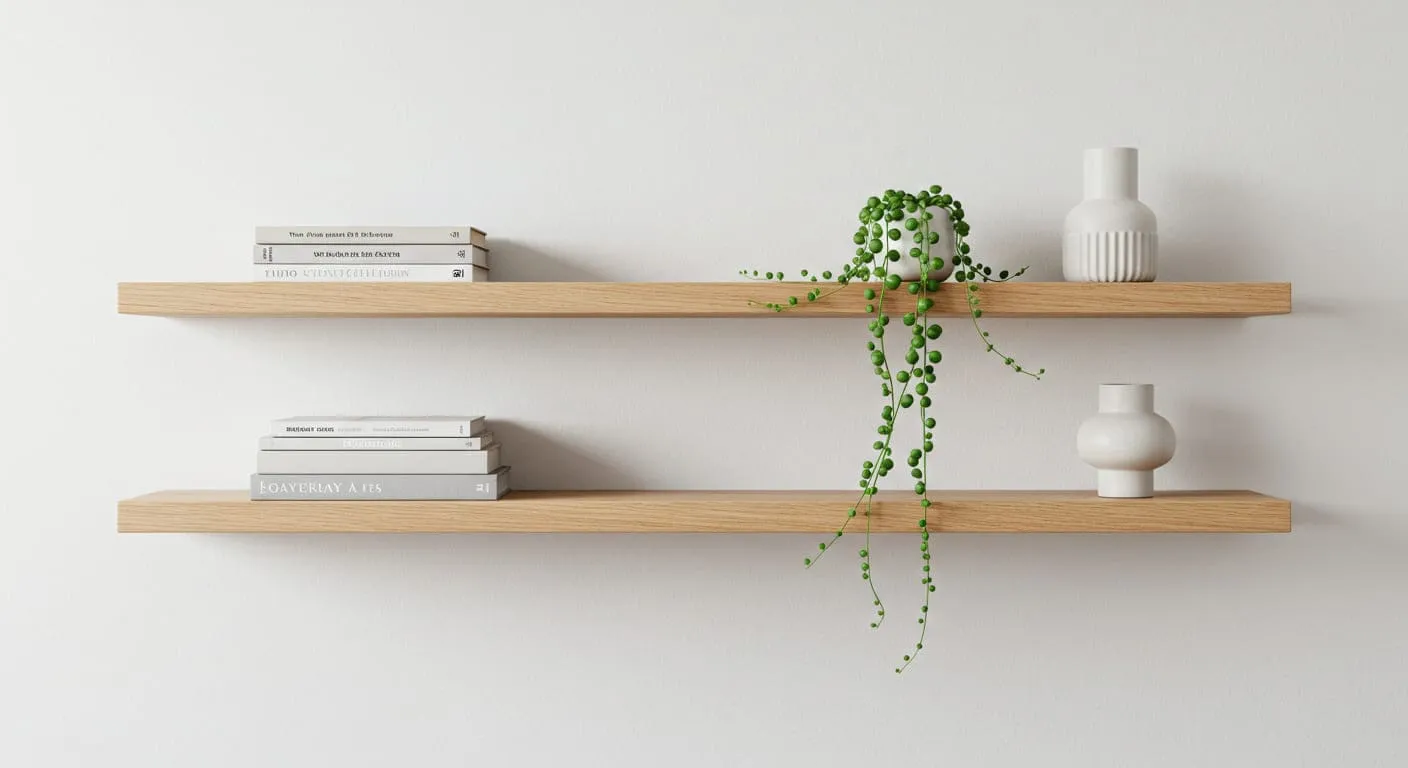 Two light-oak floating shelves on a white wall, styled with minimalist decor: a few books, a small trailing plant, and a ceramic vase.