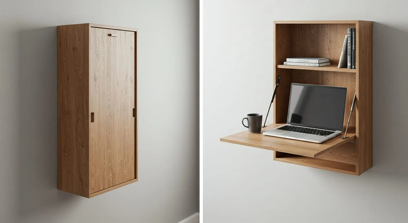 A wall-mounted cabinet folded down into a functional small desk with a laptop on it, demonstrating a space-saving workstation.