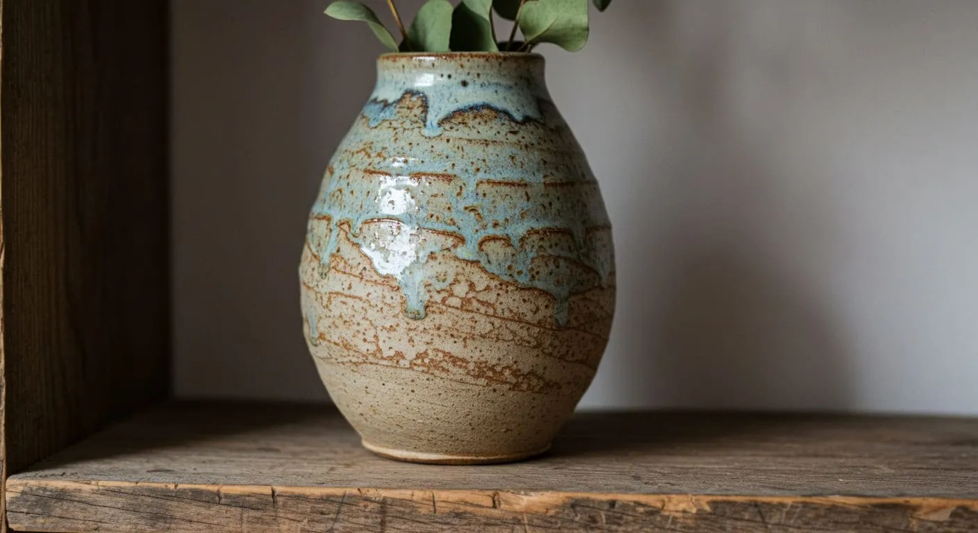 A close-up of a hand-thrown ceramic vase with unique glazing, holding a few sprigs of dried eucalyptus on a wooden shelf, representing artisanal decor.
