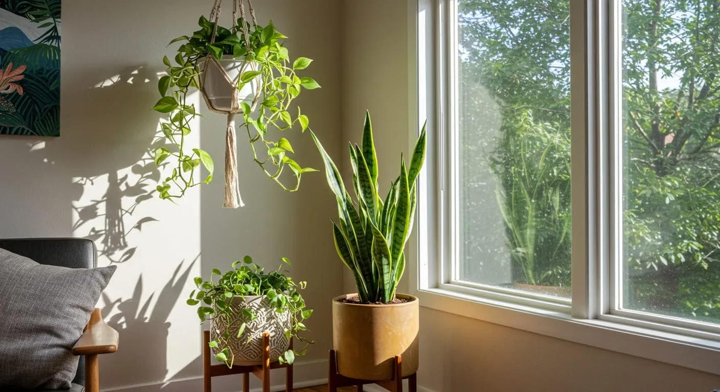 A bright corner of a guest room with a stylish macramé hanger holding a cascading pothos plant and a tall snake plant in a ceramic pot, adding life and color.