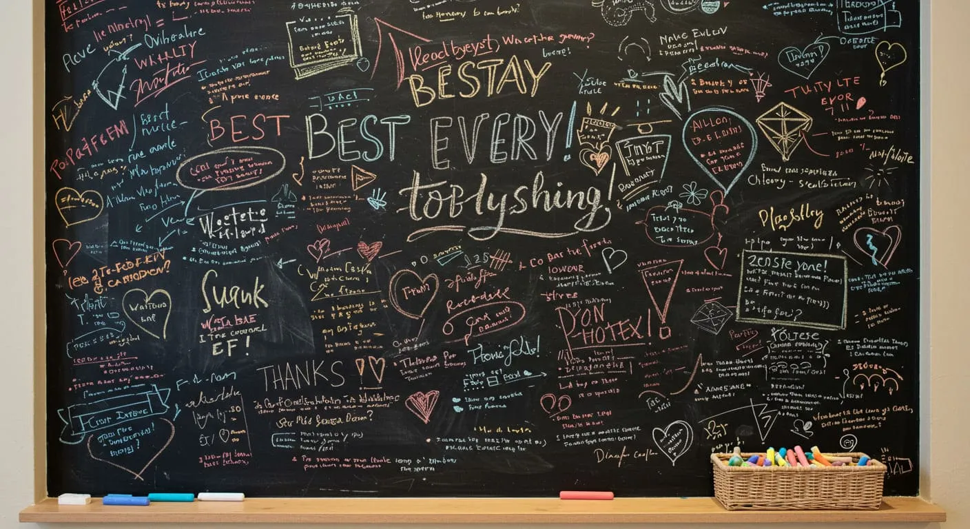 A large chalkboard wall in a guest room with various welcoming messages and fun drawings left by previous guests.