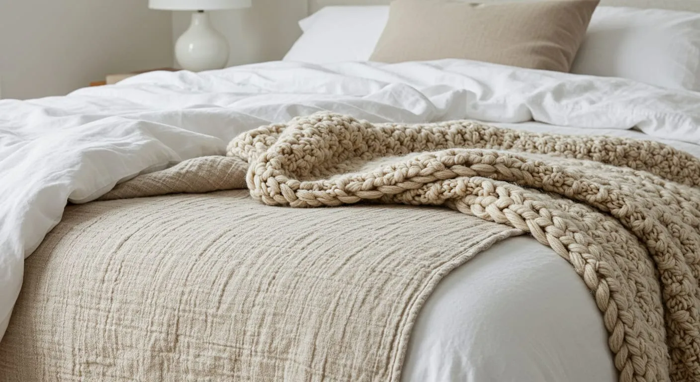 A beautifully layered bed with a crisp white duvet, a beige coverlet folded at the end, and a chunky knit throw blanket draped artfully, demonstrating the art of layering.