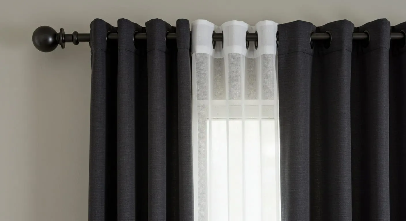 A window dressed with a double curtain rod, featuring sheer white inner curtains and thick, navy blue blackout outer curtains pulled partially open.