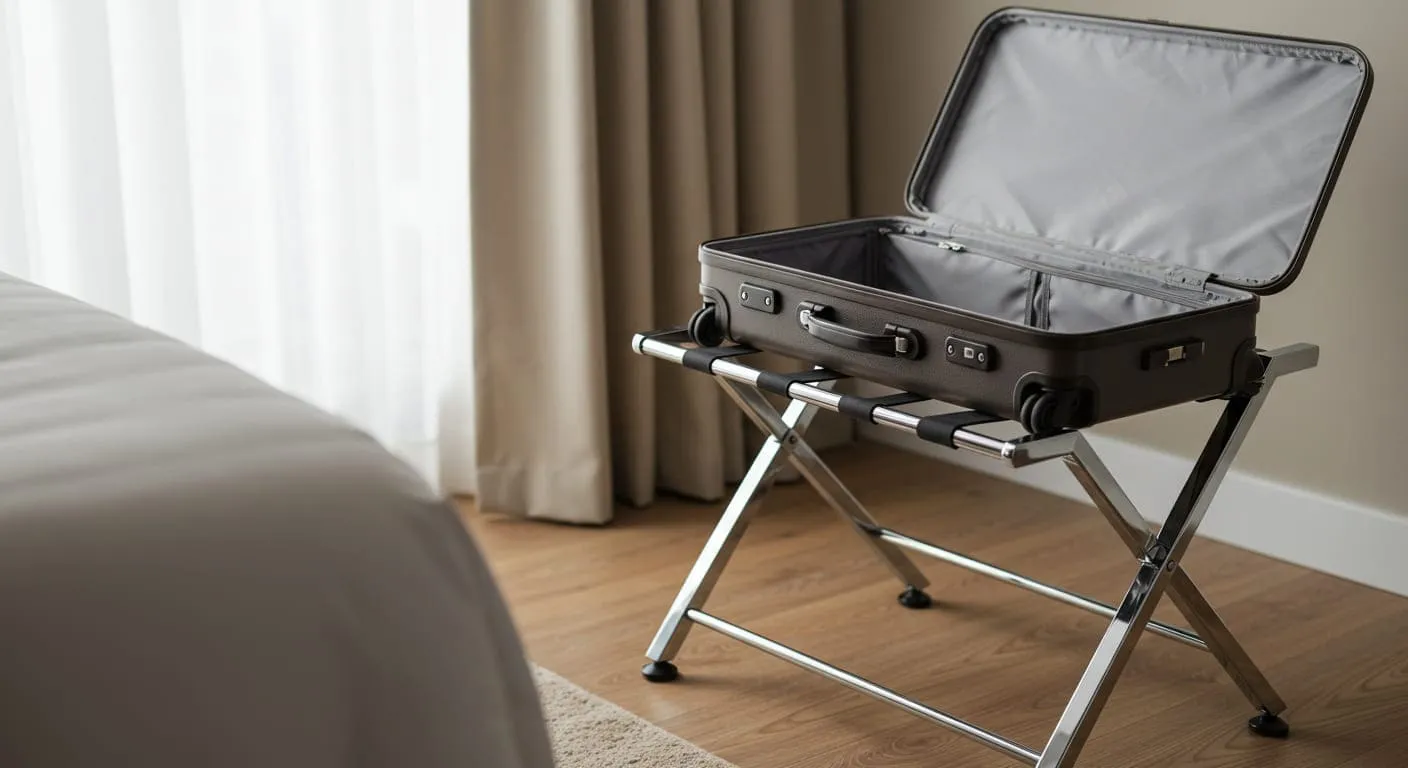 A sleek, chrome and black canvas luggage rack standing in the corner of a room, holding an open carry-on suitcase.