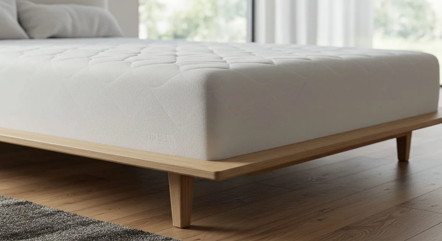 Sleek, low-profile wooden platform bed with a thick, comfortable memory foam mattress visible, showcasing the foundation of guest comfort.