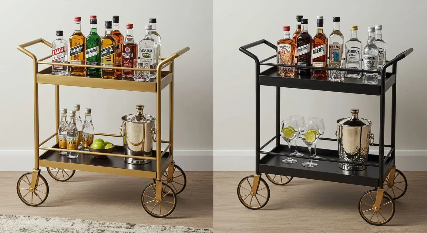 A stylish, gold-toned bar cart in the corner of a guest room, stocked with mini liquor bottles, sparkling water, a cocktail shaker, and two crystal glasses.
