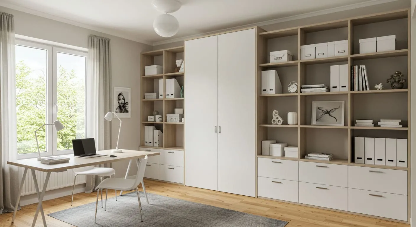 A modern Murphy bed in its upright position, appearing as a stylish shelving unit, transforming an office space into a potential bedroom.