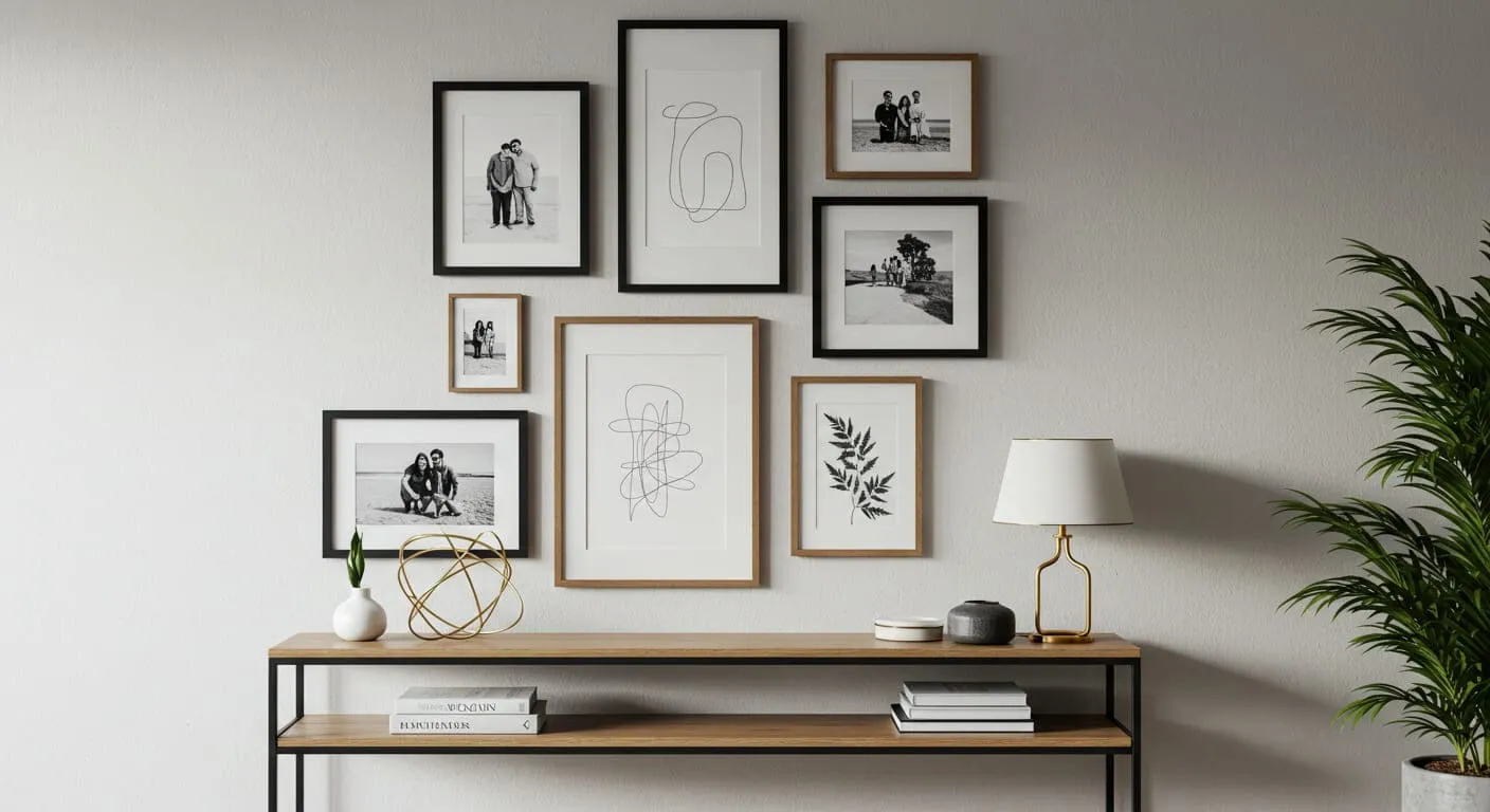 A well-balanced gallery wall above a console table, featuring a mix of black and gold frames with family photos, abstract art, and a small mirror.
