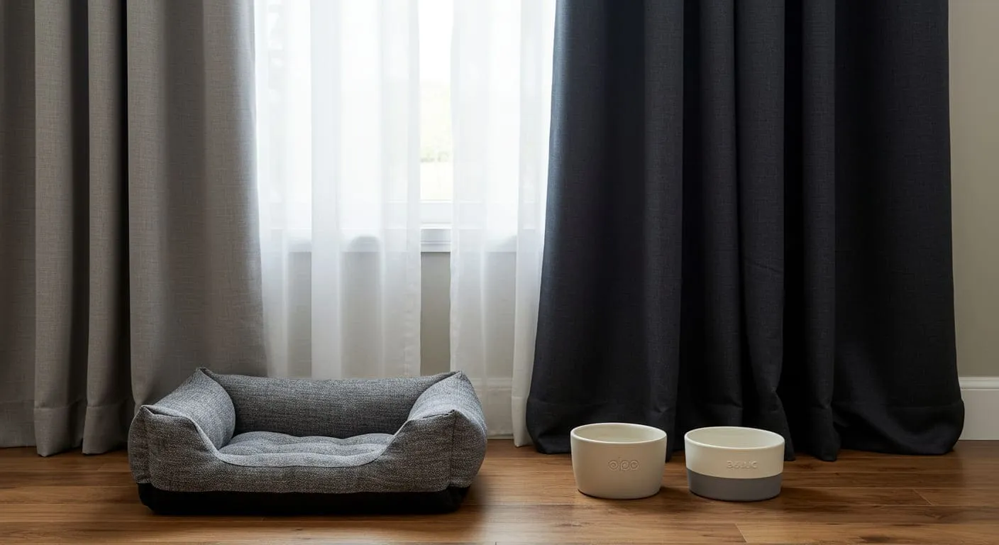 A cozy corner in a guest room with a stylish grey dog bed on the floor, next to two matching ceramic bowls for food and water.