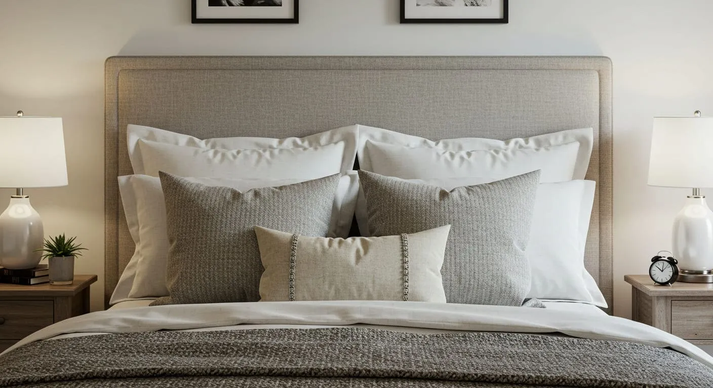 An array of pillows neatly arranged on a bed, including two standard sleeping pillows, two euro shams, and three smaller decorative pillows in different textures and colors.