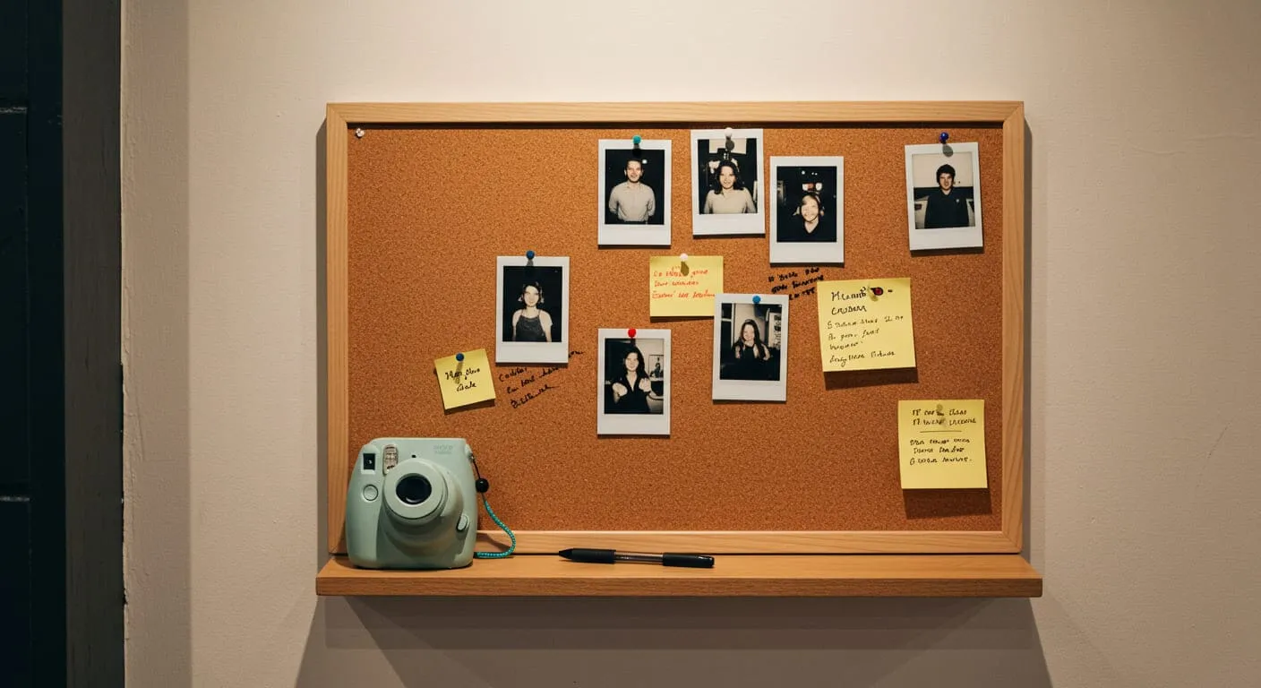 A corkboard on a wall with several Polaroid photos pinned to it, along with a modern instant camera and a marker sitting on a shelf below.