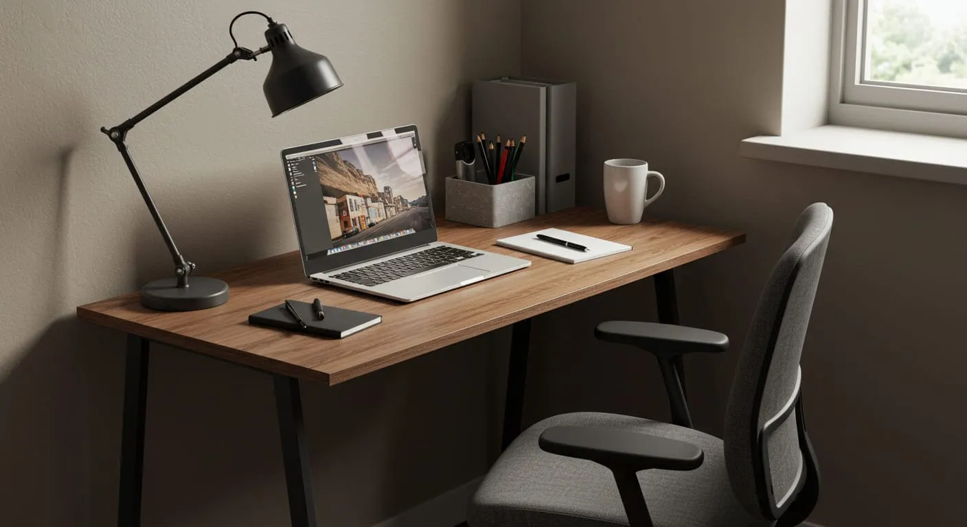 A compact but functional remote work nook in a guest room, with a slim desk, an ergonomic chair, a laptop, and a power strip visible.