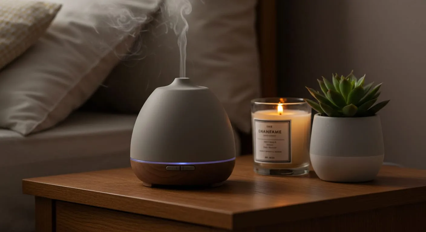 A minimalist ceramic essential oil diffuser on a wooden nightstand, gently emitting a stream of vapor next to a small potted succulent, creating a spa-like ambiance.