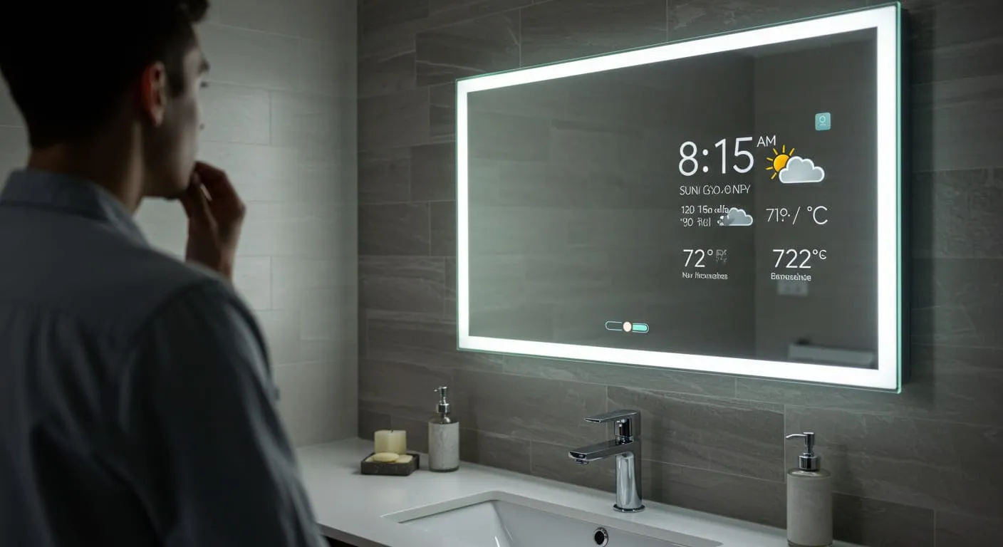 A guest looking into a smart mirror over a vanity that is displaying the current weather forecast and time in a sleek digital overlay.