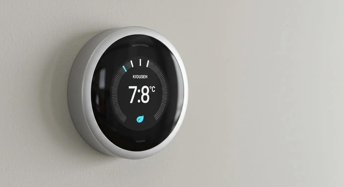 A close-up of a modern smart thermostat mounted on the wall, showing the current temperature and easy-to-use controls.