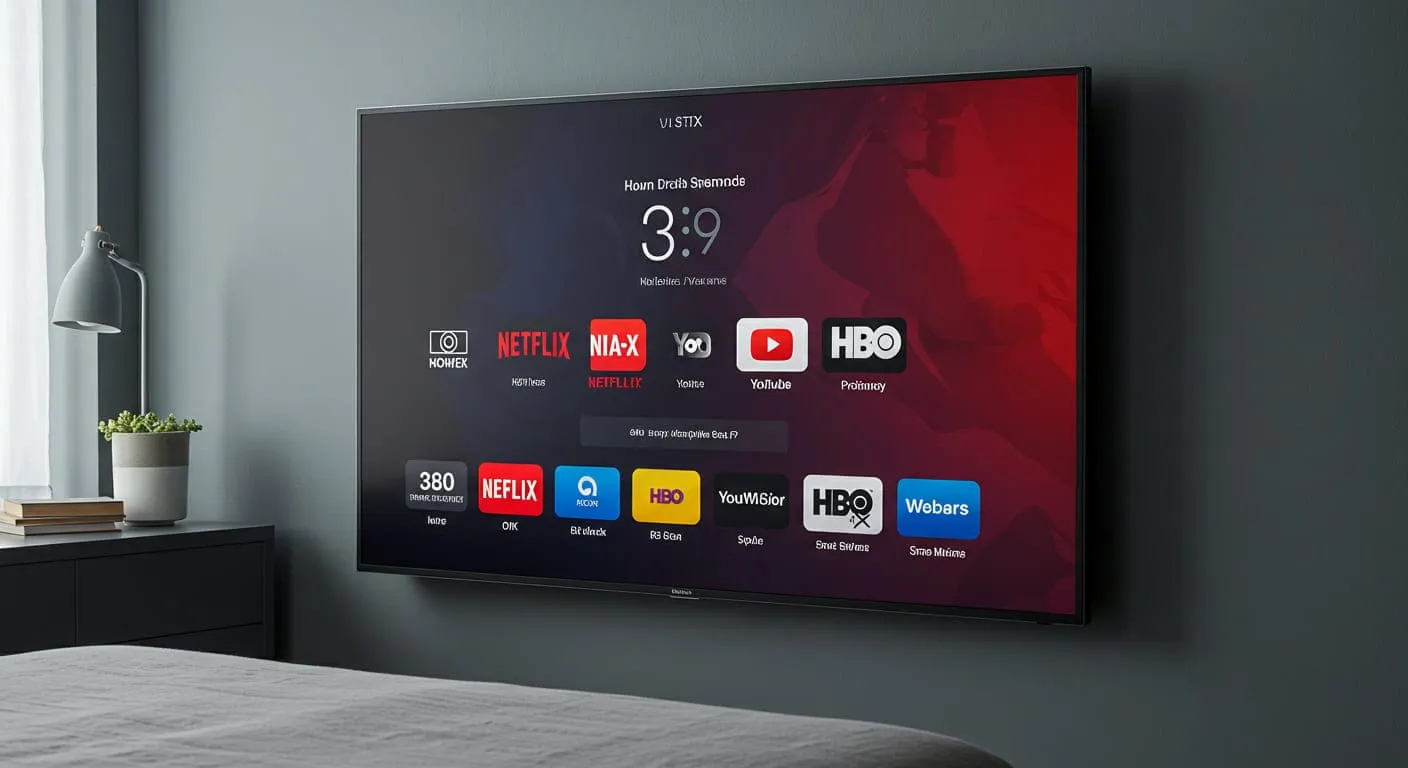A wall-mounted smart TV in a guest room displaying the home screen with icons for various streaming apps like Netflix, Hulu, and Disney+.