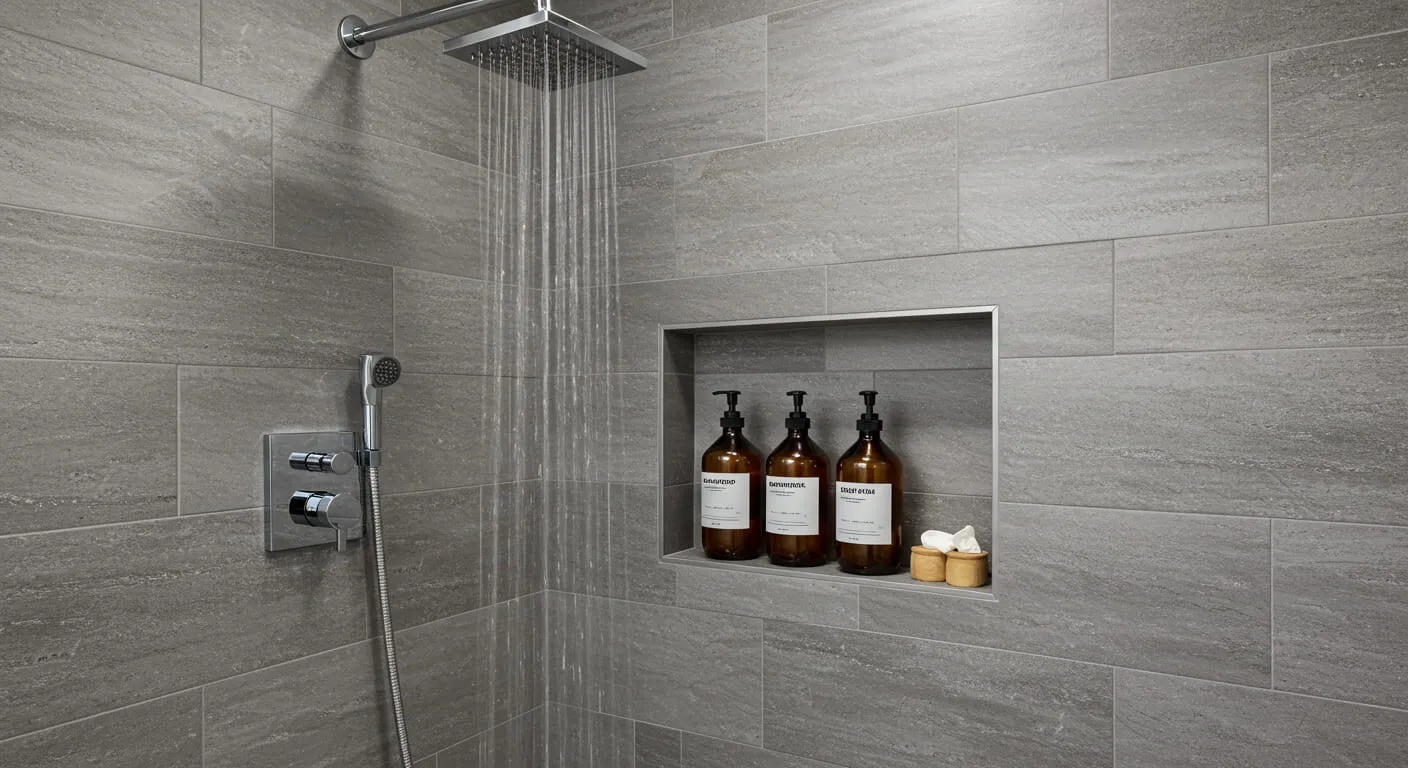 A modern, spa-like shower with a large rainfall showerhead, and a niche holding bottles of luxury shampoo, conditioner, and body wash.