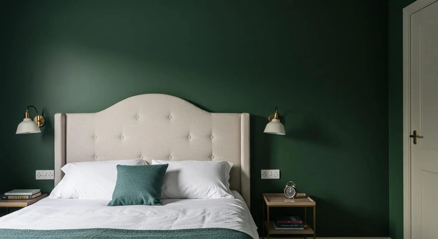 A guest room showing a stunning accent wall behind the bed, painted in a deep forest green, making the neutral headboard pop.
