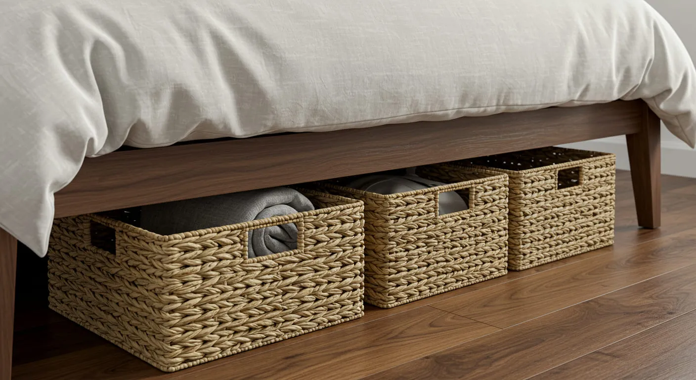 Two large, stylish woven sea-grass baskets peeking out from under a modern bed, providing smart and attractive storage.