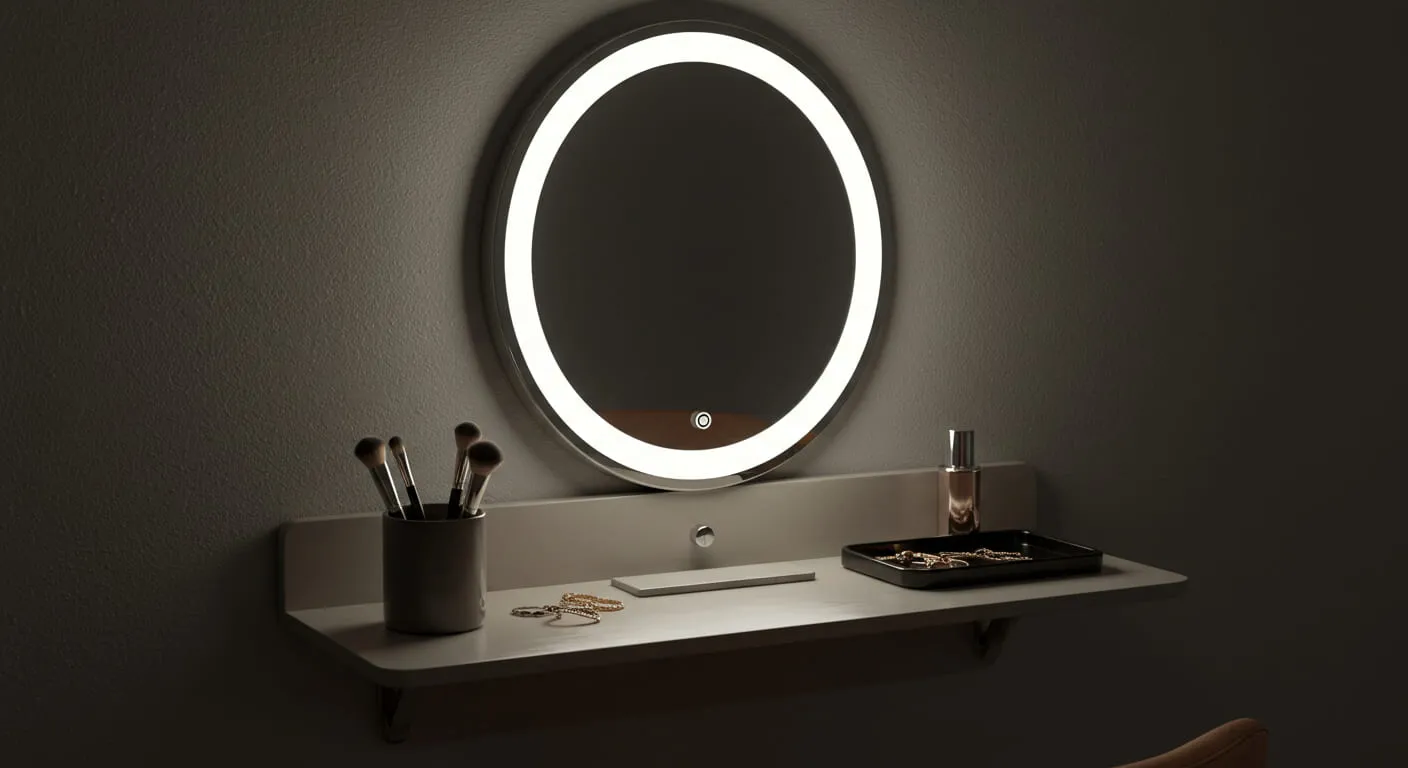 A chic vanity nook with a small white desk, a round mirror with backlighting, and a stool tucked underneath.