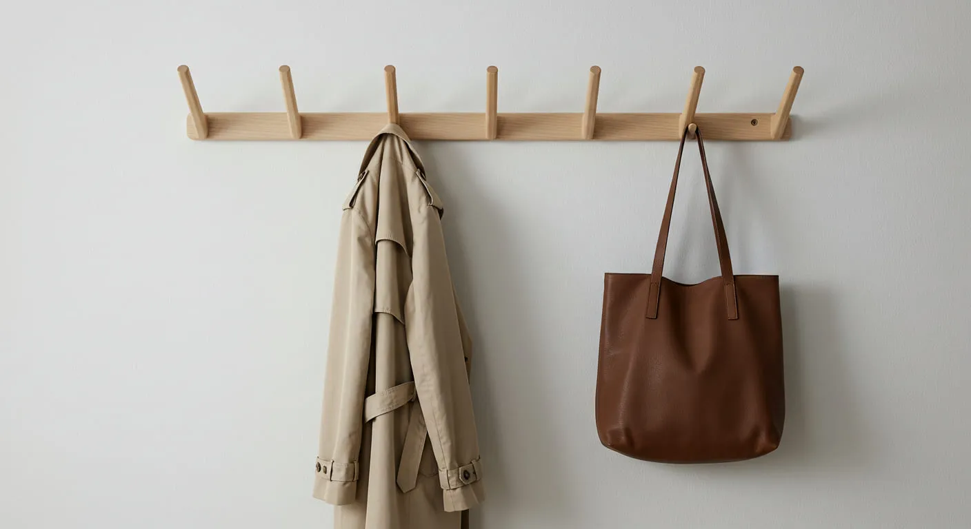 A minimalist wall-mounted coat rack with several wooden pegs, holding a light jacket and a stylish tote bag.