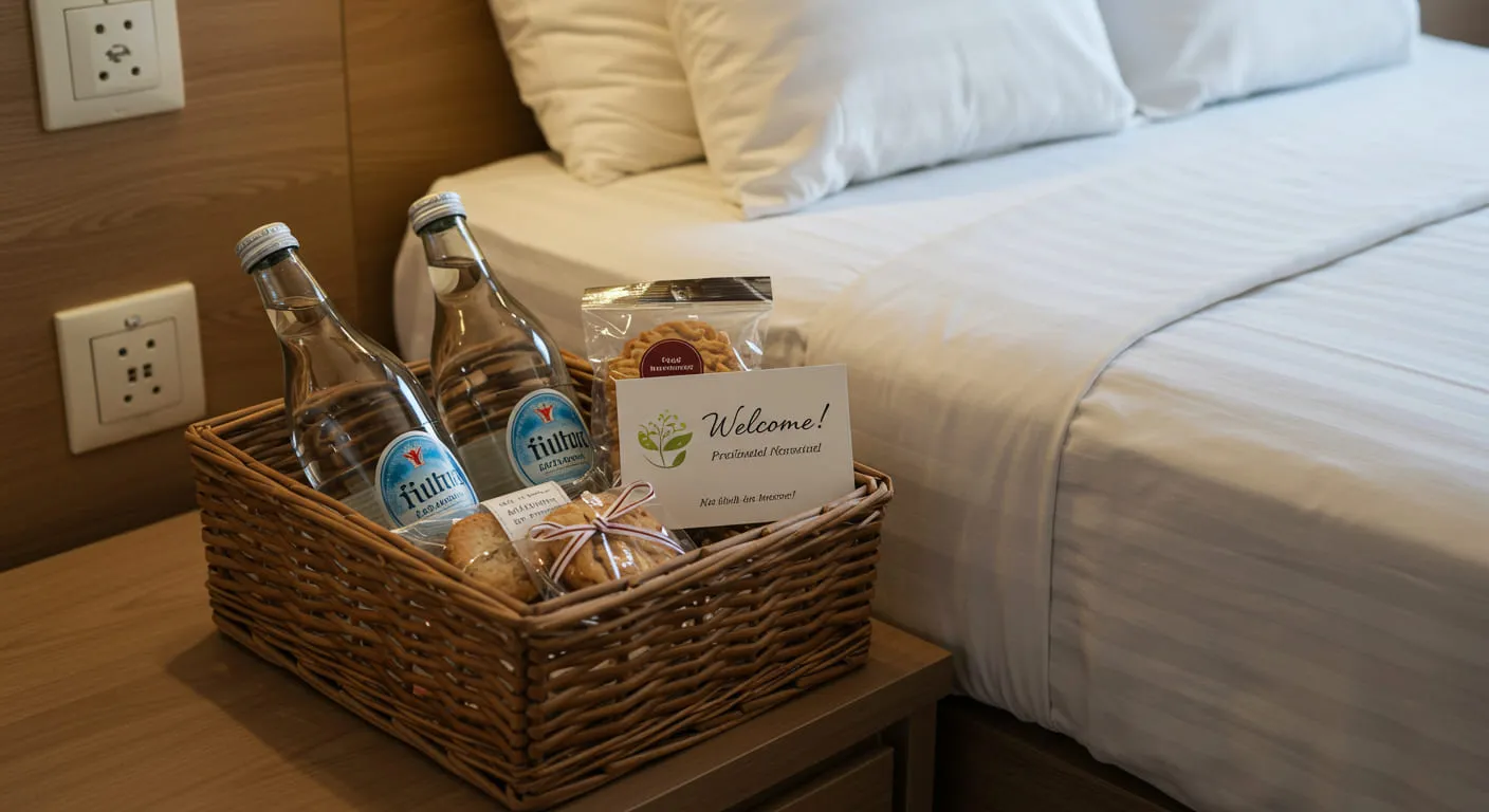 A beautiful wicker basket sitting on the corner of a bed, containing two water bottles, local snacks, and a handwritten welcome note, representing a thoughtful welcome touch.