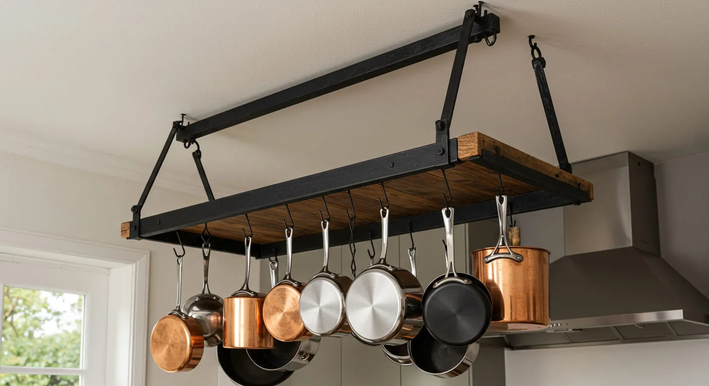 A hanging pot rack suspended from the ceiling, holding various pots and pans and freeing up cabinet space.