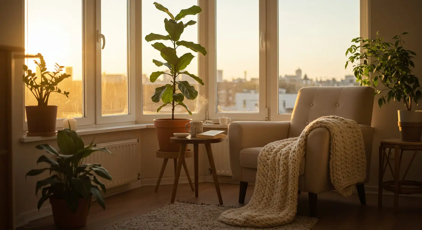 A stunning small apartment sunroom basking in golden hour sunlight, featuring cozy furniture and lush plants.