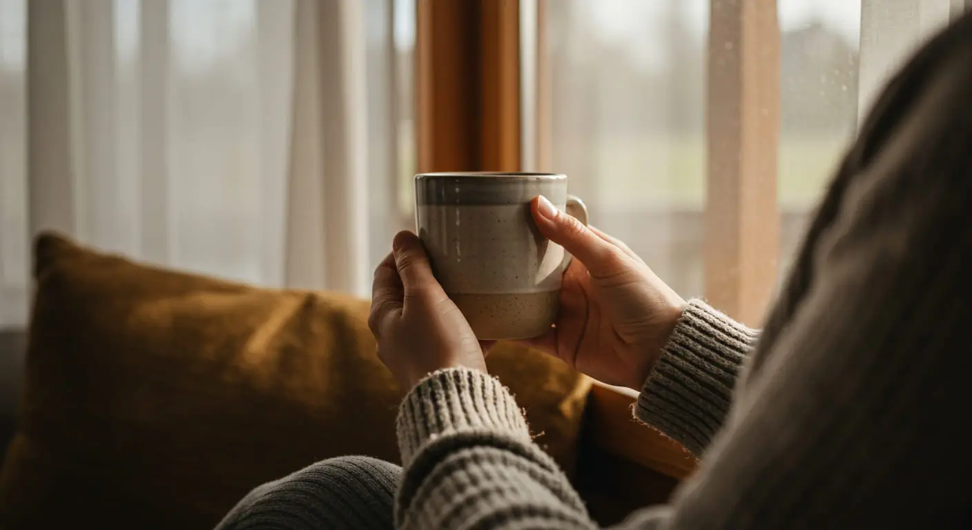 A close-up shot of hands holding a mug in a tranquil and sunny apartment nook, representing a personal retreat.