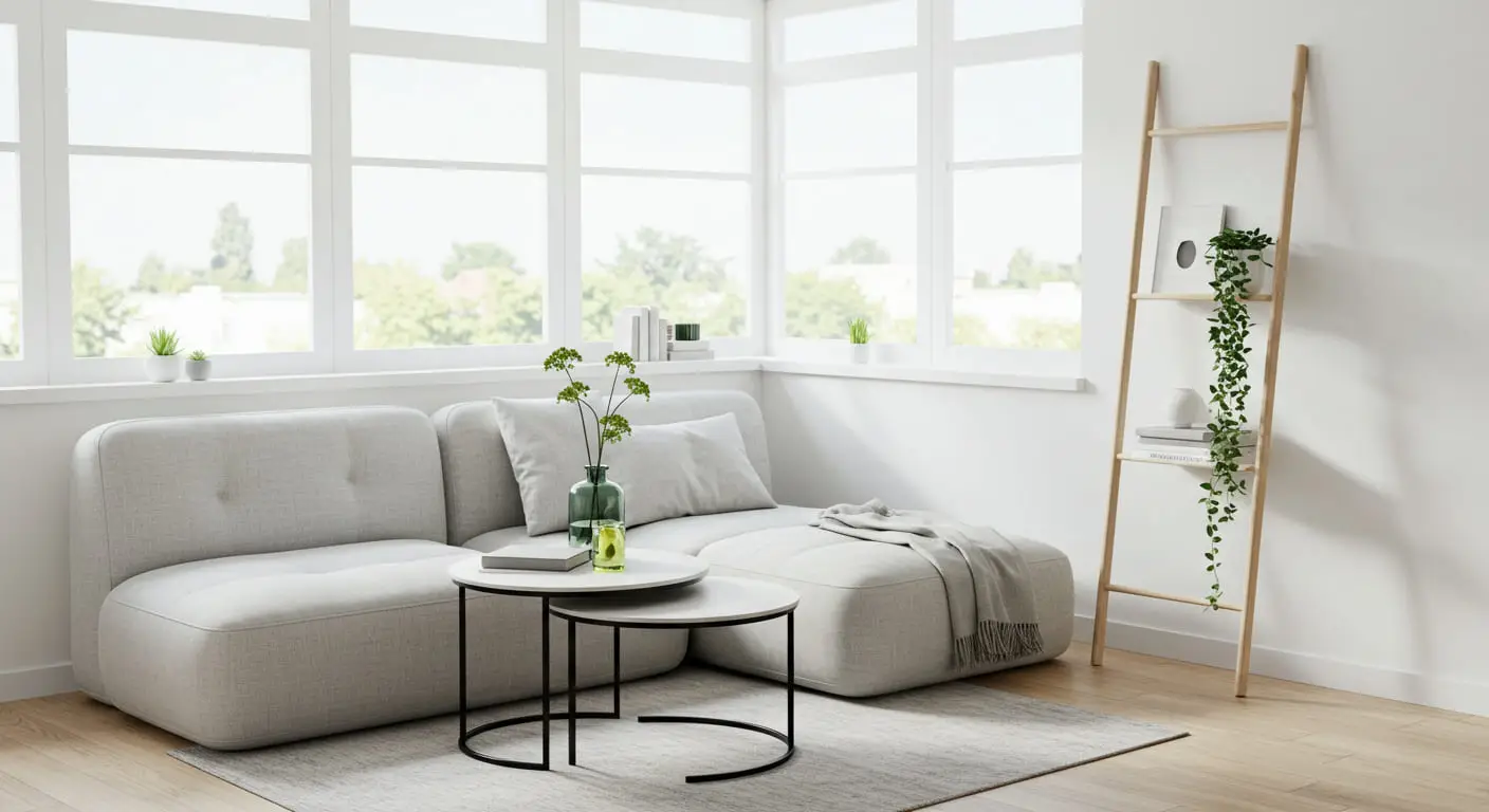 Sleek, space-saving furniture like a modular daybed and nesting tables in a bright, minimalist sunroom.