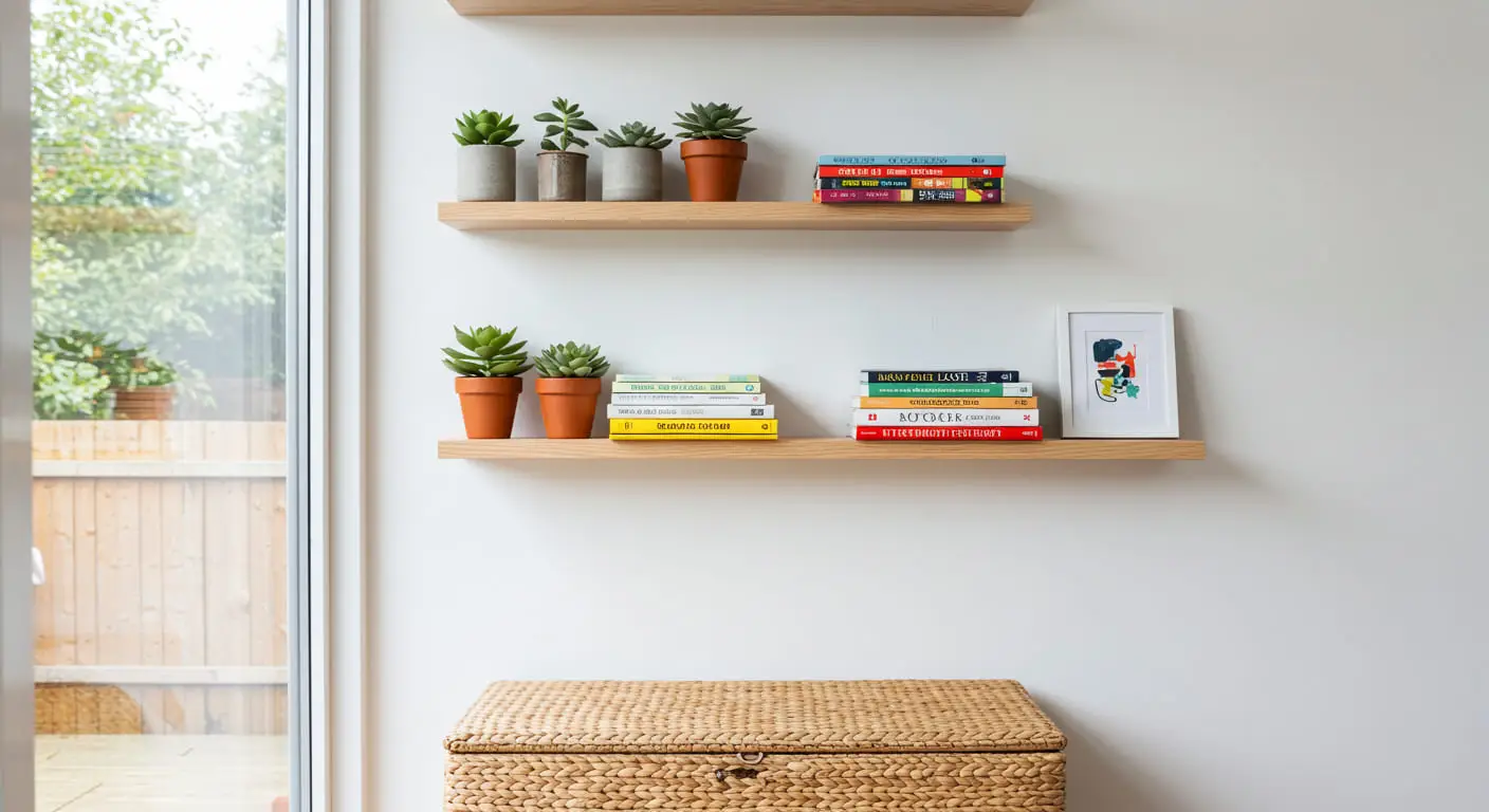 A beautifully organized wall with floating shelves and a jute storage ottoman in a small sunroom.