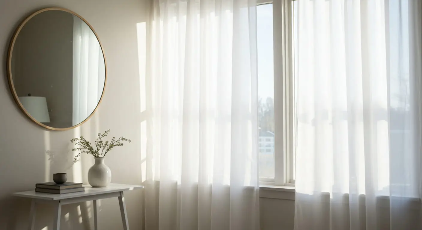 Sheer white curtains and a large mirror work together to maximize natural light in an apartment sunroom.