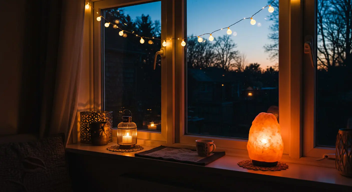 A cozy sunroom at night, illuminated by the warm, magical glow of string lights and a salt lamp.