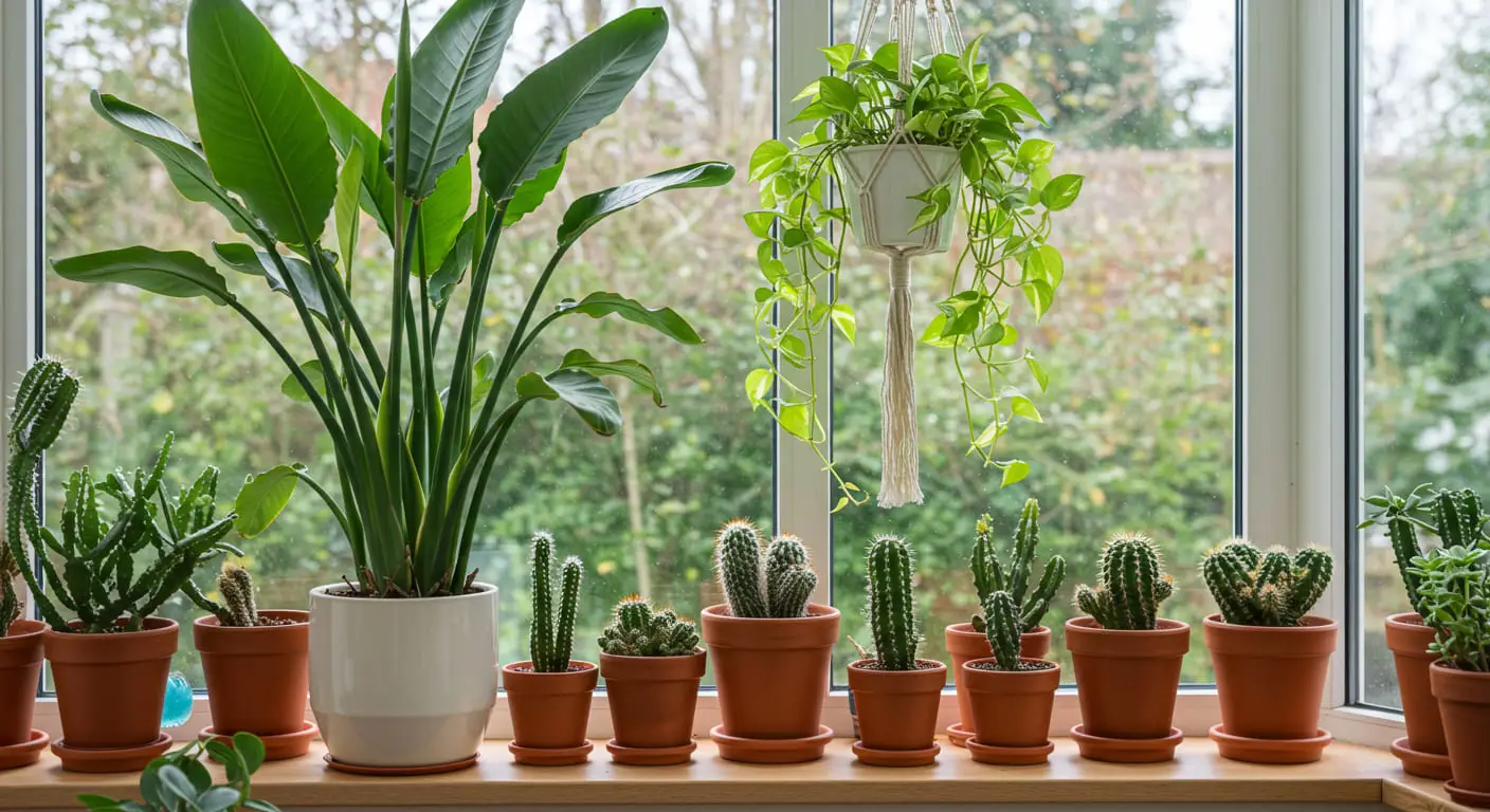 A sunroom filled with lush green plants like a Bird of Paradise, a hanging Pothos, and succulents.