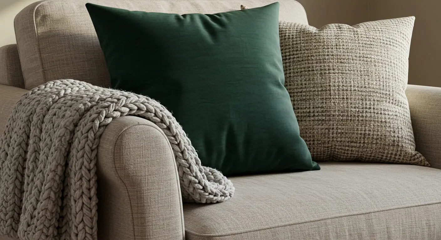 A close-up view of a sofa with a mix of cozy textures, including velvet, linen, and a chunky knit blanket.