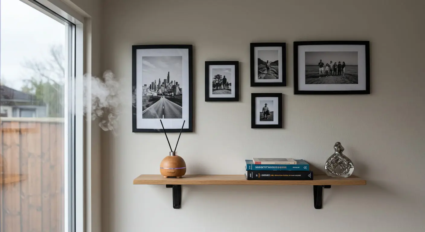 A personalized gallery wall with travel photos and a diffuser creating a soulful corner in the sunroom.