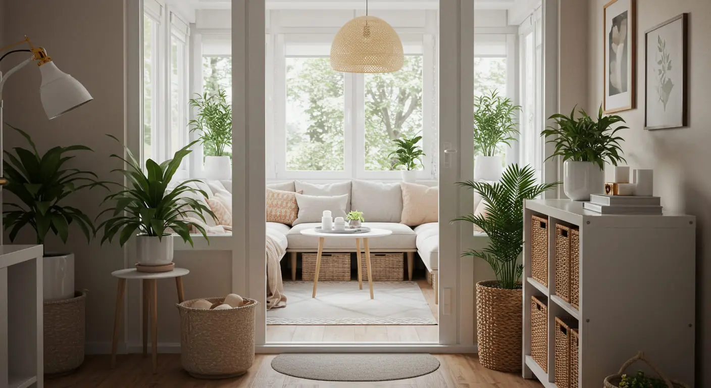 A final, inviting view of the complete and beautifully decorated small apartment sunroom, a perfect cozy oasis.