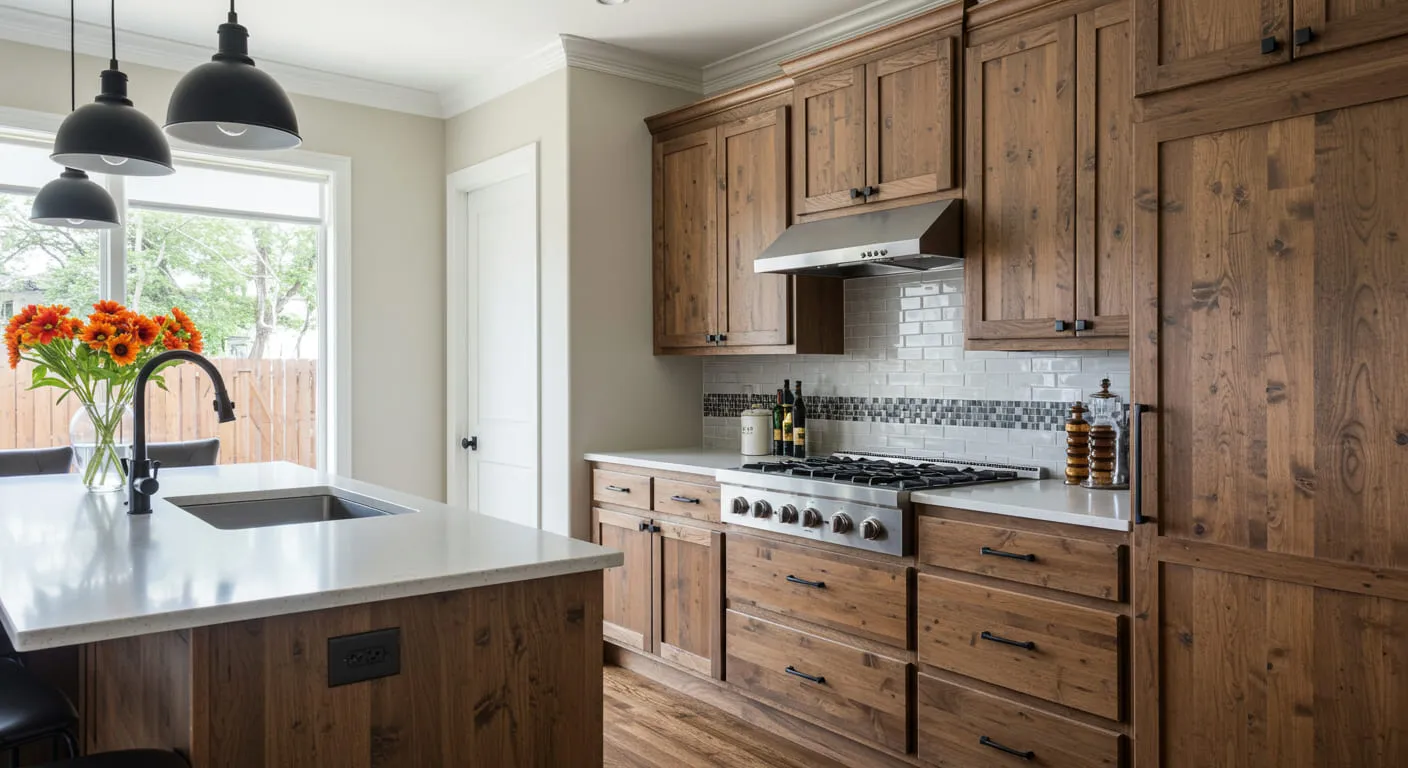 A before photo showing dated, dark oak kitchen cabinets with old hardware.
