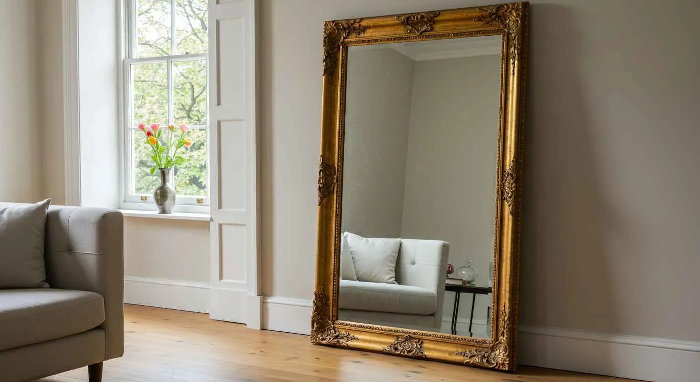 A large, ornate gold mirror leaning against a wall, making the room look brighter and more spacious.