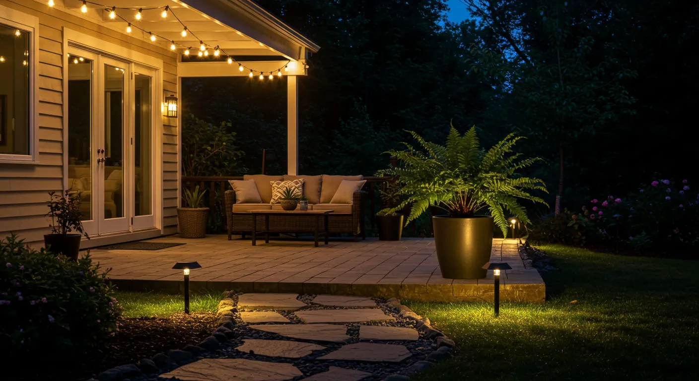 A patio at night with layered lighting, including overhead string lights, solar path lights, and an uplight on a feature plant, creating a magical atmosphere.