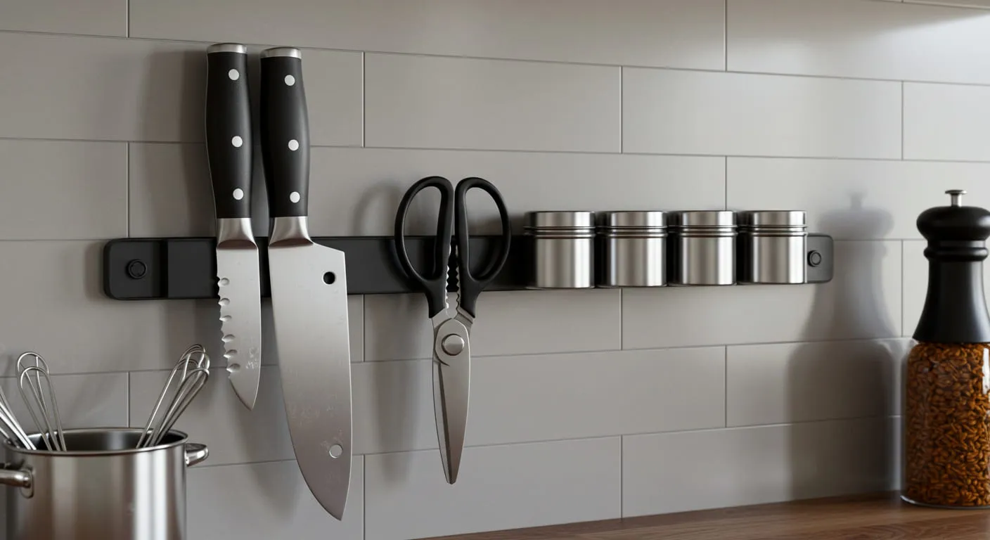 A magnetic strip on a kitchen wall neatly holding a knife, kitchen shears, and several metal spice tins.