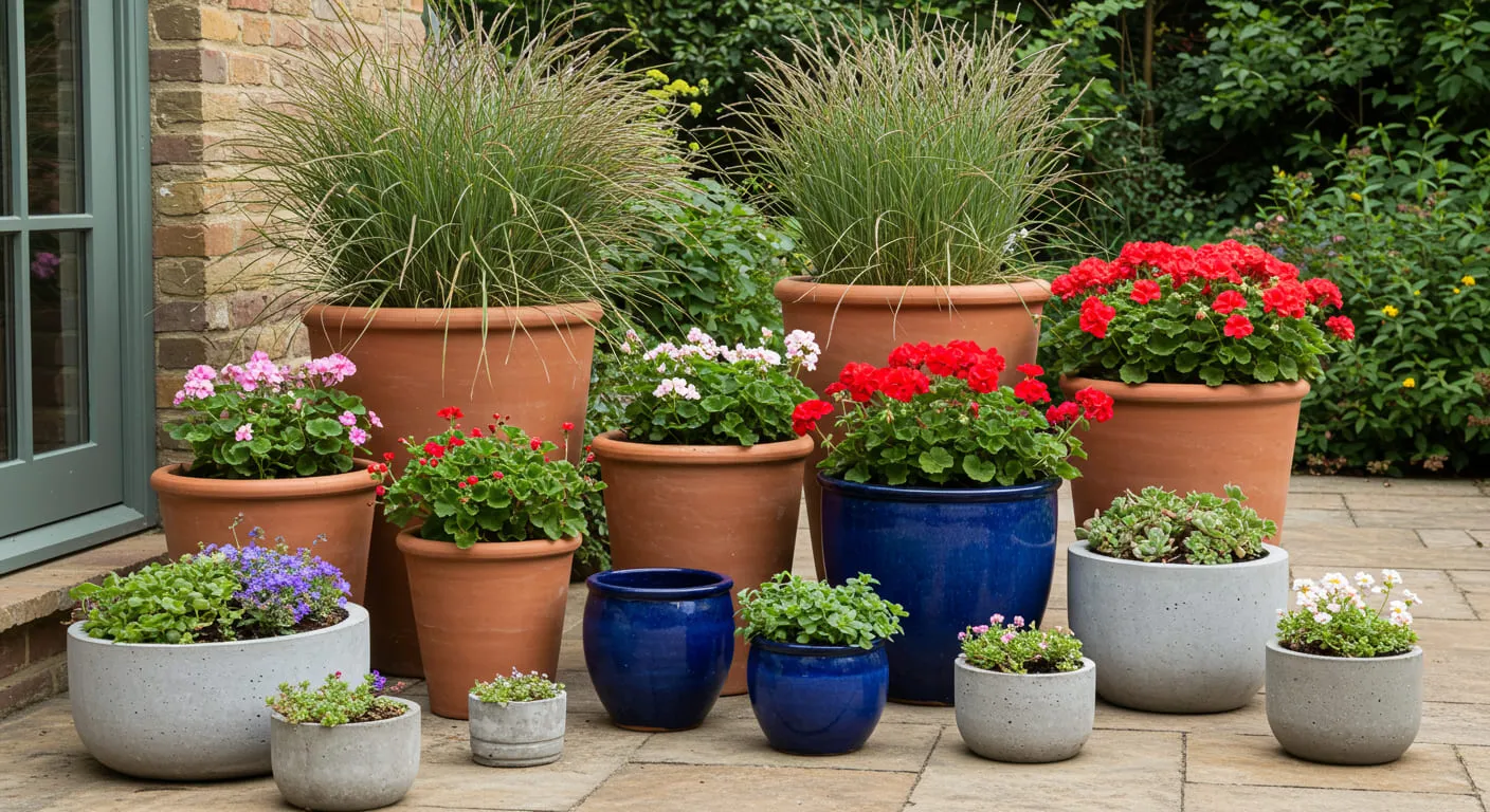 A stylish and diverse collection of plants in various containers, including terracotta, ceramic, and concrete pots, arranged artfully on a patio.